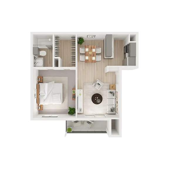 A top-down view of a small apartment with a bedroom, living room, and kitchen.