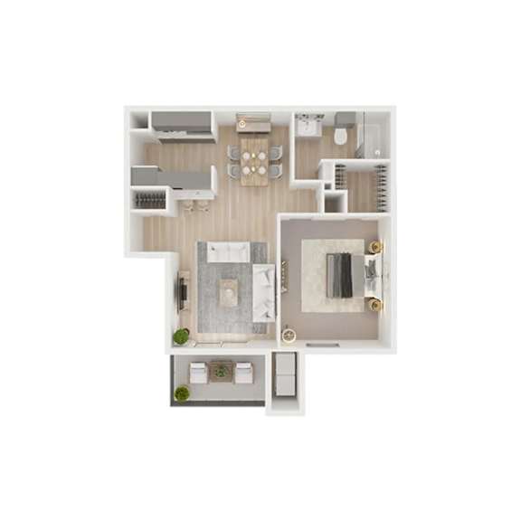 A top-down view of a house layout with a kitchen, living room, and bathroom.