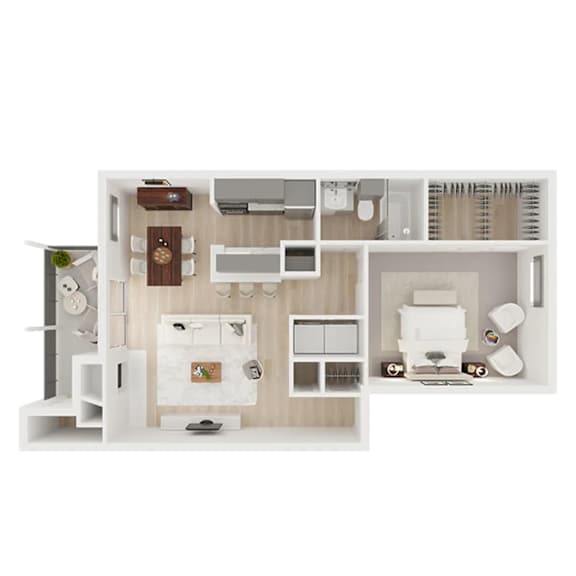 A top-down view of a small apartment with a kitchen, living room, and bathroom.