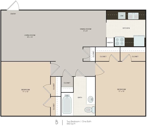 A floor plan of a one bedroom apartment with a living room, dining room, kitchen, and bathroom.