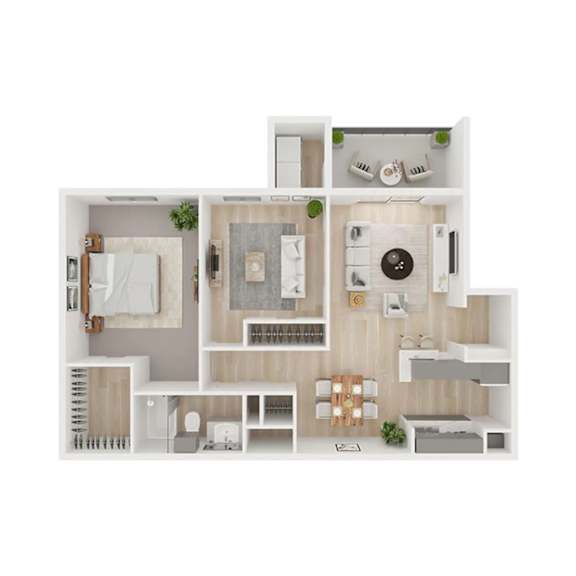 A top-down view of a modern apartment layout with a kitchen, living room, and bathroom.