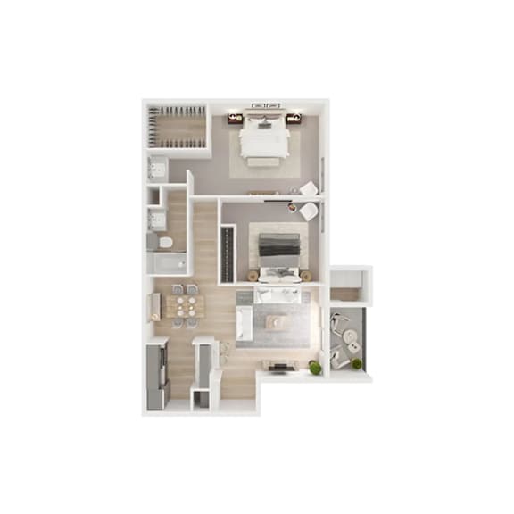 A white floor plan of a small apartment with a kitchen, living room, and bathroom.