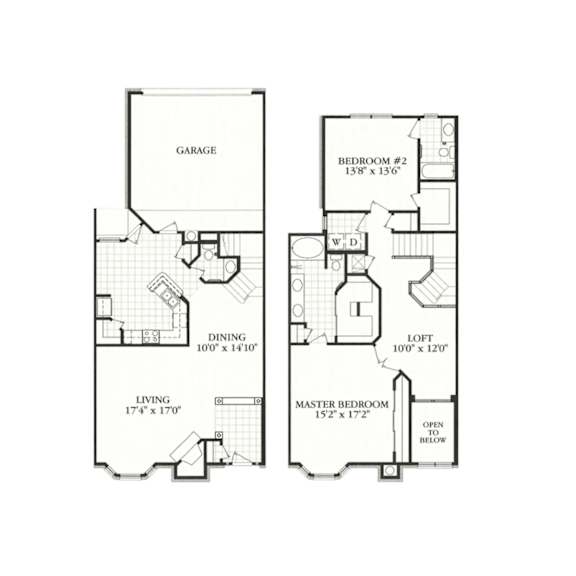 A floor plan of a house with a garage, dining area, living room, and two bedrooms.