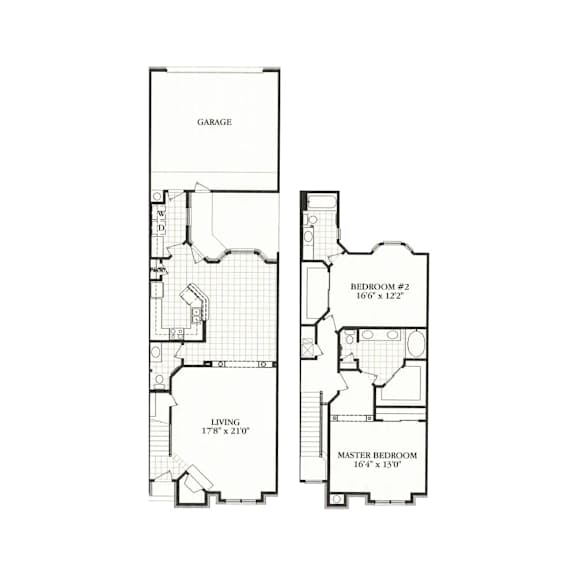 A floor plan of a house with a garage, two bedrooms, and a living room.