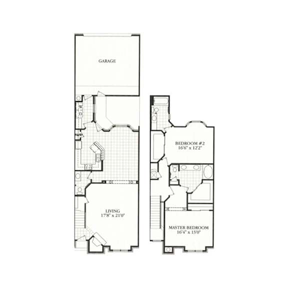 A floor plan of a house with a garage, living room, and two bedrooms.