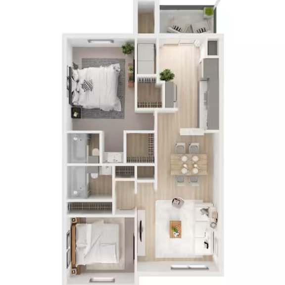 A top-down view of a small, neatly organized apartment with a bedroom, living room, and kitchen.