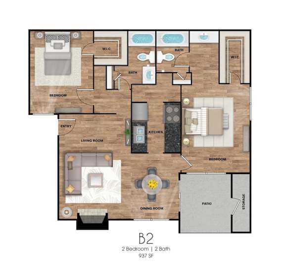 Floor Plan  A floor plan of a 2 bedroom apartment with 2 bathrooms.