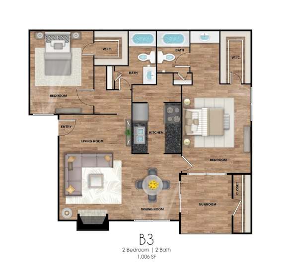 Floor Plan  A floor plan of a 2 bedroom, 2 bath apartment in the B3 building.