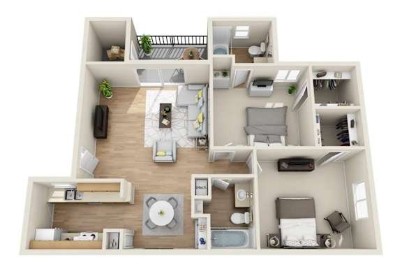 A 3D floor plan of a house with a kitchen, living room, and bedrooms.