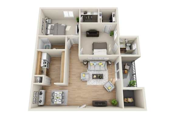 A 3D floor plan of a house with various rooms and furniture.