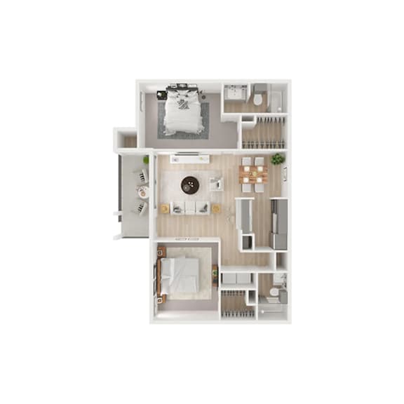 A white dollhouse with a kitchen, living room, and bathroom.