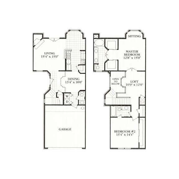 A floor plan of a house with a garage, living room, dining room, master bedroom, and two bedrooms.