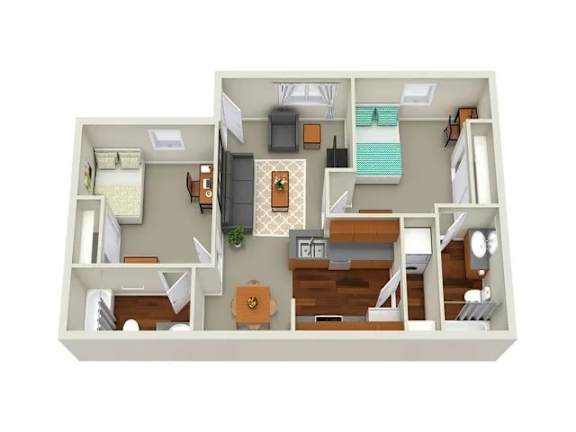 A 3D floor plan of a house with a kitchen, living room, and two bedrooms.