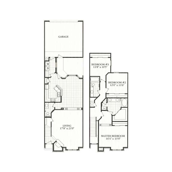 A floor plan of a house with a garage, three bedrooms, and a living room.