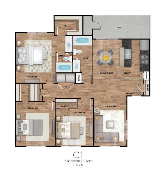 Floor Plan  A floor plan of a home with three bedrooms, two bathrooms, a living room, a dining room, a kitchen, a pantry, and a patio.