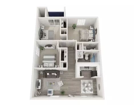 A white floor plan of a house with a kitchen, living room, and two bedrooms.