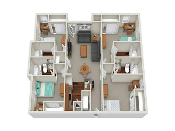 A 3D floor plan of a house with multiple rooms and furniture.