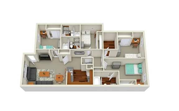 A 3D rendered image of a house layout.