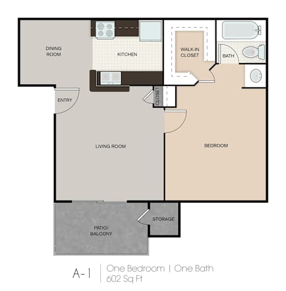 A floor plan of a one bedroom apartment with one bath and a balcony.