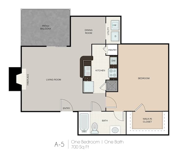 A floor plan of a one bedroom apartment with one bath.