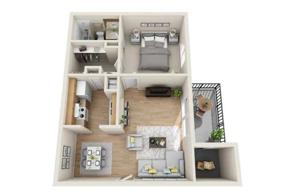 Floor Plan  A 3D floor plan of a small apartment with a kitchen, living room, and bedroom.