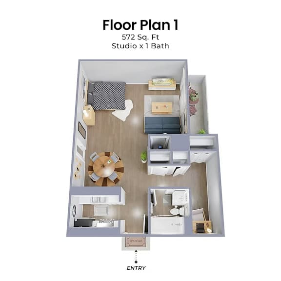 A floor plan of a 572 square foot studio apartment with one bath.