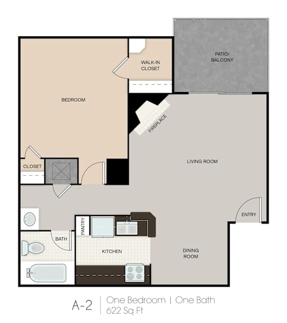 A floor plan of a one bedroom apartment with one bath.