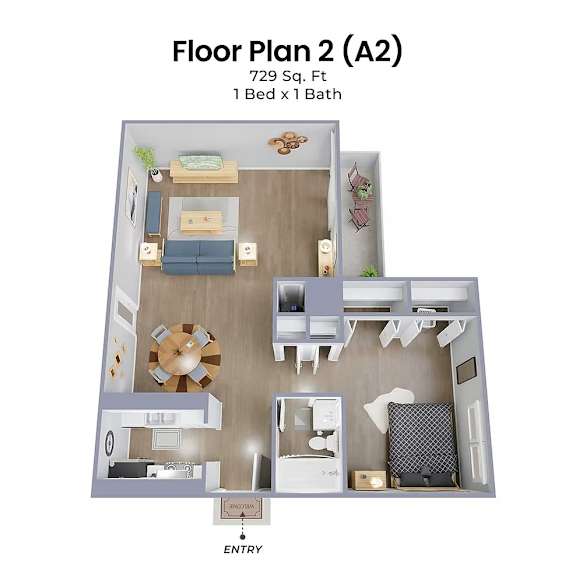A 2 bedroom apartment is 729 square feet.