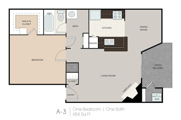 A floor plan of a one bedroom apartment with one bath.