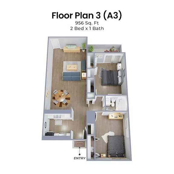 A 2 bedroom apartment with 1 bathroom is 956 square feet.