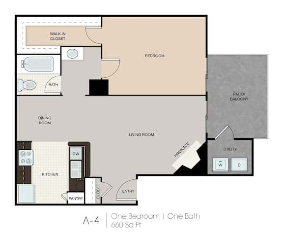 A floor plan of a one bedroom apartment with one bath.