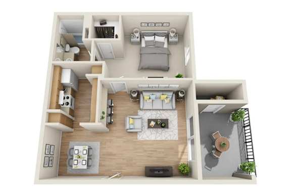 A 3D floor plan of a house with a kitchen, living room, and bedrooms.
