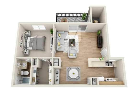 A 3D floor plan of a small apartment with a kitchen, living room, and bedroom.