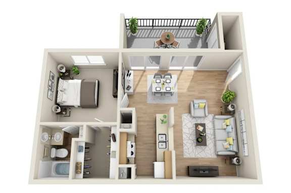 A top-down view of a two-bedroom apartment with a living room, kitchen, and bathroom.