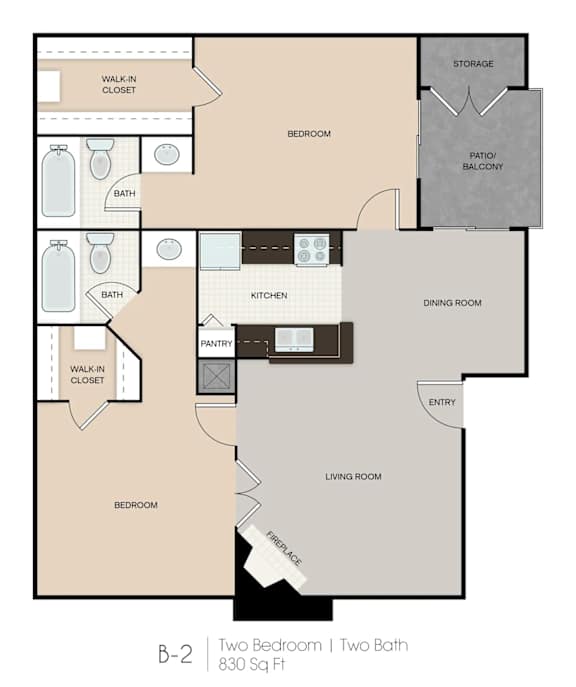 A floor plan of a two bedroom apartment with two bathrooms.