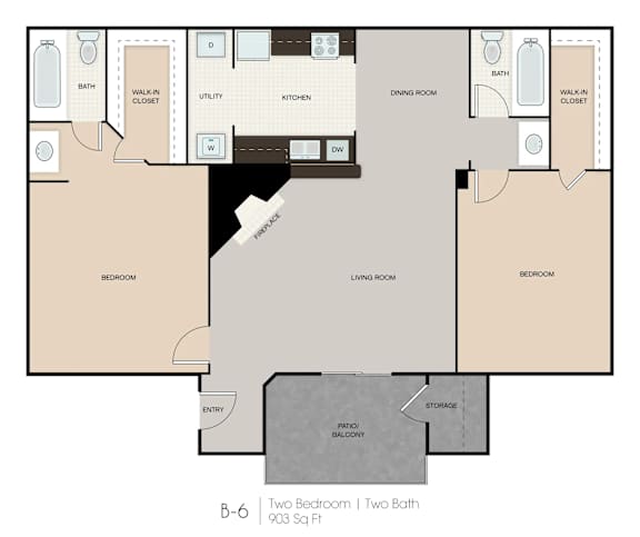A floor plan of a two bedroom apartment with two bathrooms.