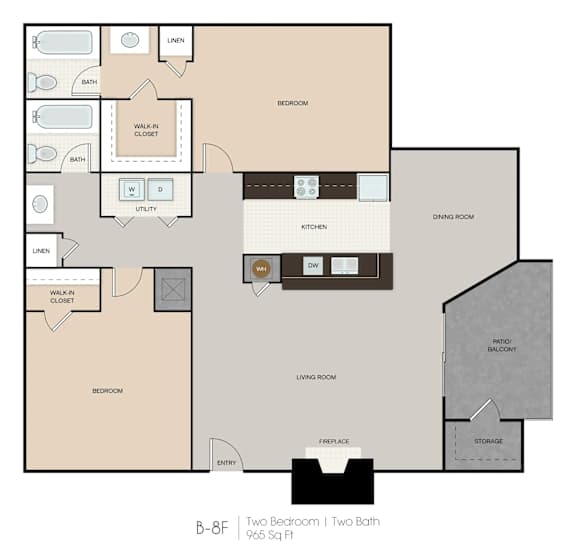 A floor plan of a two bedroom apartment with two bathrooms.