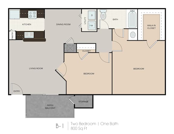 A floor plan of a one bathroom apartment with two bedrooms.