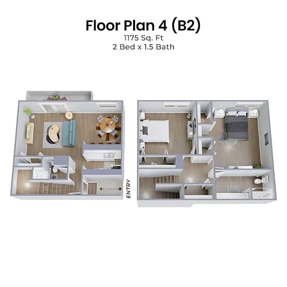 A floor plan for a 2 bedroom apartment with 1.5 bathrooms.