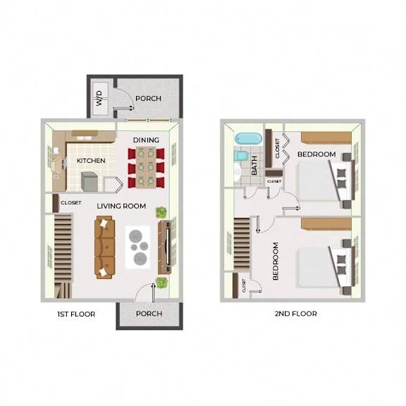 A floor plan of a two-story house with a porch, dining area, kitchen, living room, two bedrooms, and two bathrooms.