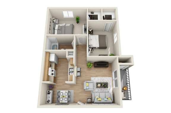 A 3D floor plan of a small apartment with a kitchen, living room, and bedroom.