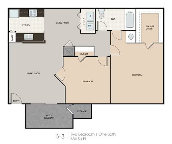 A floor plan of a two bedroom apartment with one bathroom.