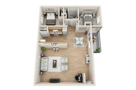 A top-down view of a house layout with multiple rooms and furniture.