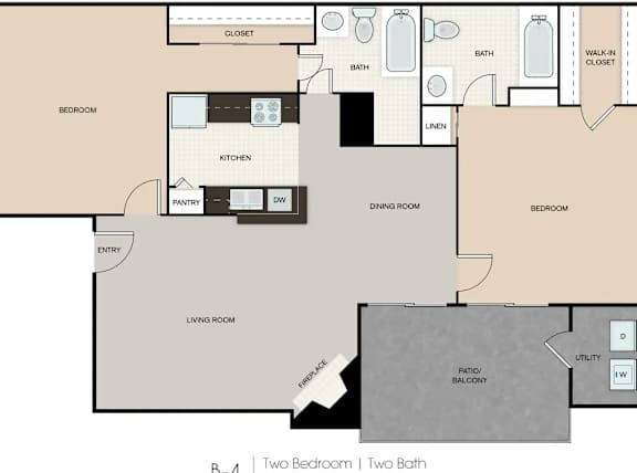 A floor plan of a two bedroom, two bathroom apartment.