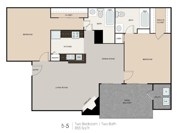 A floor plan of a two bedroom apartment with two bathrooms.
