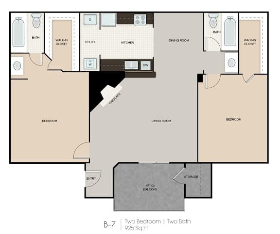 A floor plan of a two bedroom apartment with two bathrooms.