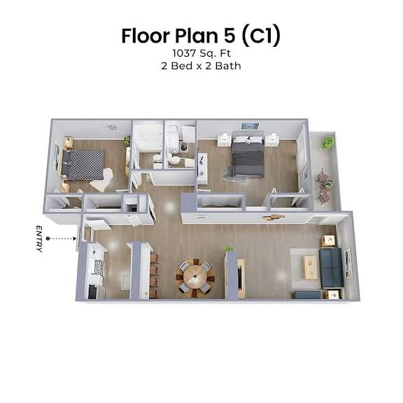 A floor plan of a 1037 square foot apartment with two bedrooms and two bathrooms.