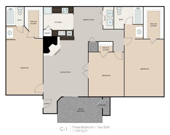 A floor plan of a three bedroom apartment with two bathrooms.