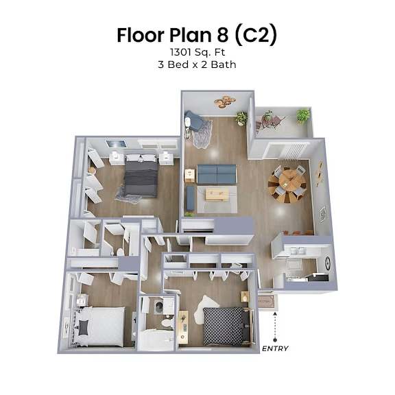 A 3 bedroom apartment with 2 bathrooms is shown in the image.