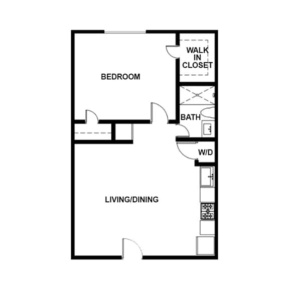 A floor plan of a small apartment with a bedroom, living/dining area, and a walk-in closet.